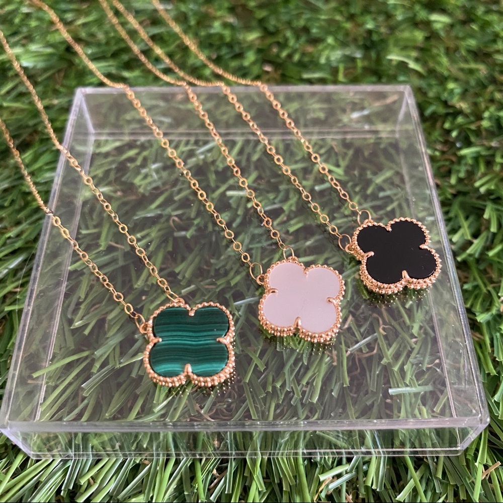 18k Solid Gold Clover Necklace Mother of Pearl Malachite, Black Agate, Carnelian